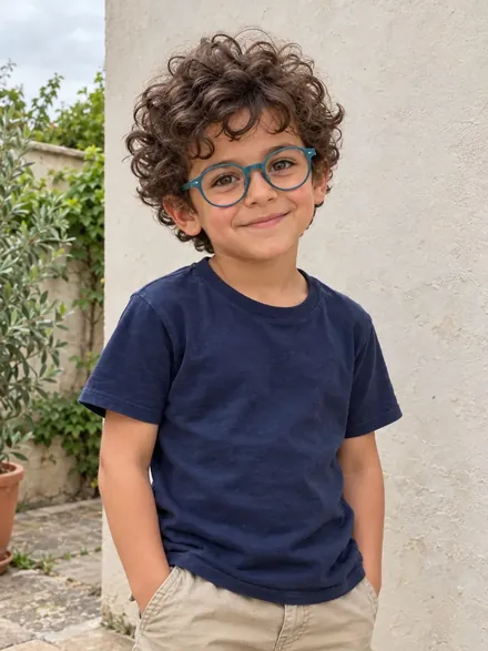 Foto generata di un bambino con ricci castani, occhiali turchesi e una maglietta blu
