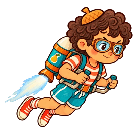 Lo stesso bambino illustrato mentre vola con un jetpack