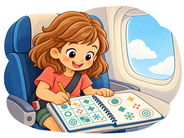 Una bambina completa un bingo a simboli sul diario, sul tavolino dell’aereo.