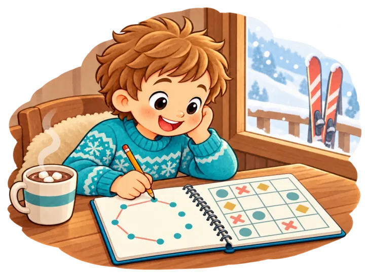 Un bambino gioca con puntini e sudoku a figure sul diario in baita, accanto alla cioccolata calda.