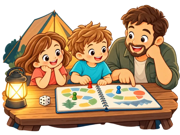Due bambini e il papà giocano sul diario al tavolo del campeggio, accanto a una lanterna.