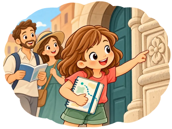 Una bambina con il diario sotto il braccio scopre un dettaglio scolpito su un portone della città.