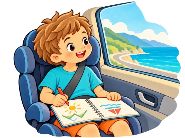 Un bambino con il diario sulle ginocchia guarda il mare dal finestrino della macchina.
