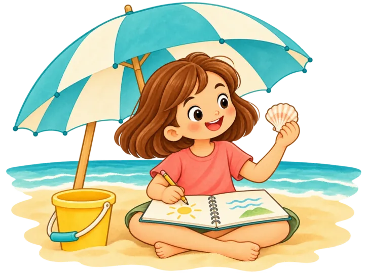 Una bambina con il diario aperto osserva una conchiglia sotto l’ombrellone.