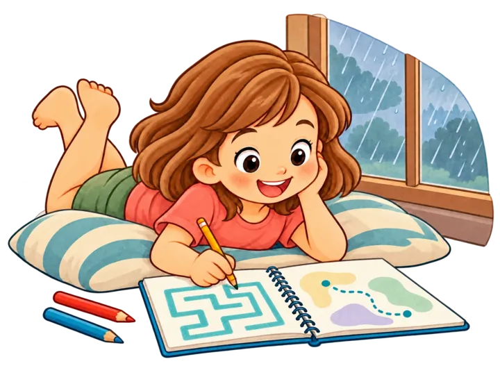 Una bambina disegna sul diario sdraiata su un cuscino, mentre fuori piove.
