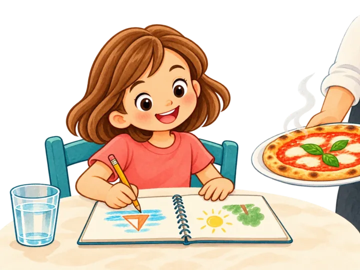 Una bambina risolve un gioco sul diario al tavolo del ristorante, mentre arriva la pizza.