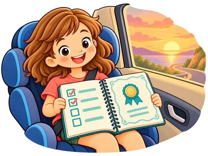 Una bambina mostra il diario aperto sulla pagina del certificato e della checklist, durante il ritorno a casa.