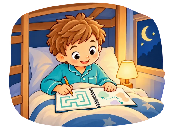 Un bambino scrive sul diario a letto, alla luce di una piccola lampada.