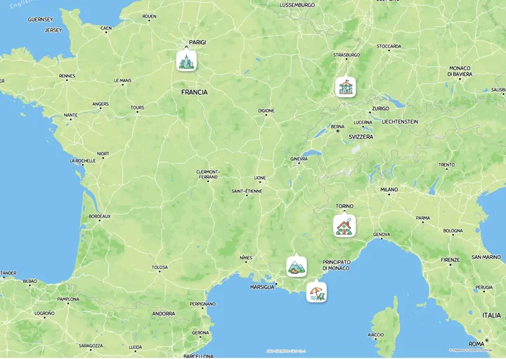 La mappa del viaggio da Torino a Fréjus, Parigi ed Europa-Park