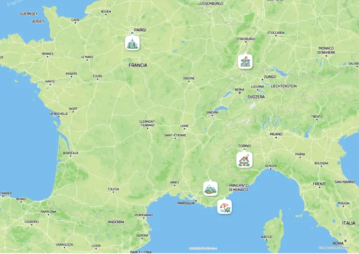 Die Karte der Reise von Turin nach Fréjus, Paris und in den Europa-Park