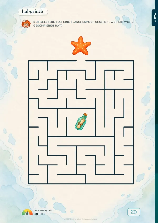 Geometrisches Labyrinth mit Seestern und Flasche