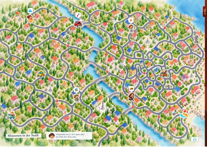 Missionen in der Stadt: eine illustrierte Karte auf zwei Seiten