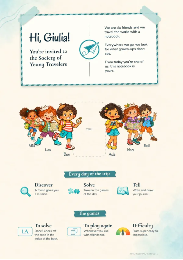 The welcome page: “Hi, Giulia! You’re invited to the Society of Young Travelers”, with the photo of the six friends and the free spot