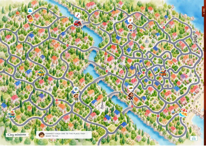City missions: an illustrated map over two pages