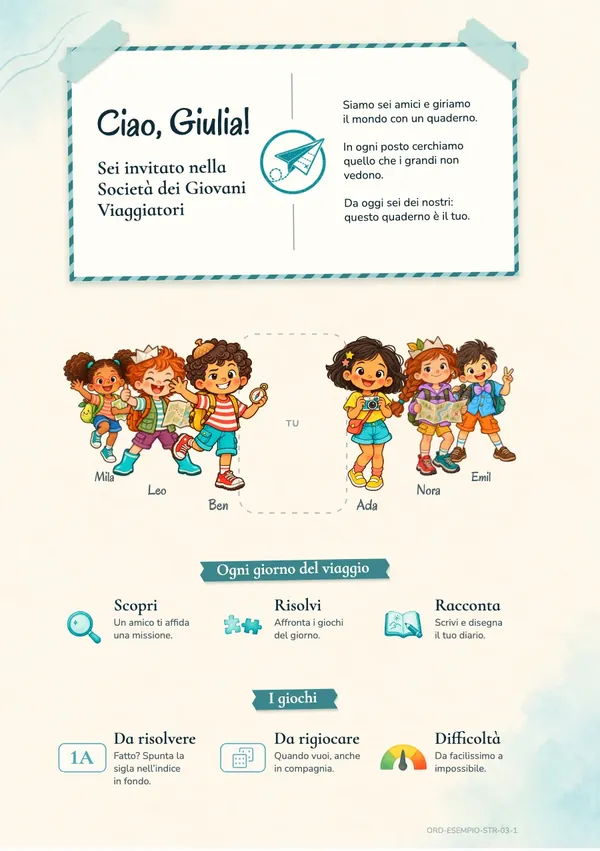 La pagina di benvenuto: «Ciao, Giulia! Sei invitato nella Società dei Giovani Viaggiatori», con la foto dei sei amici e il posto libero